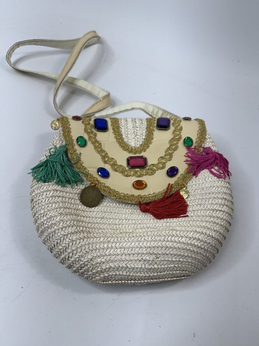 Vintage Gino Italian Straw Crossbody Bag With Embellished Flap & Tassels Boho Ch